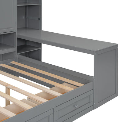 Full Size Wooden Daybed With Three Drawers, and All-in-One Cabinet, Desk and Shelves, Gray