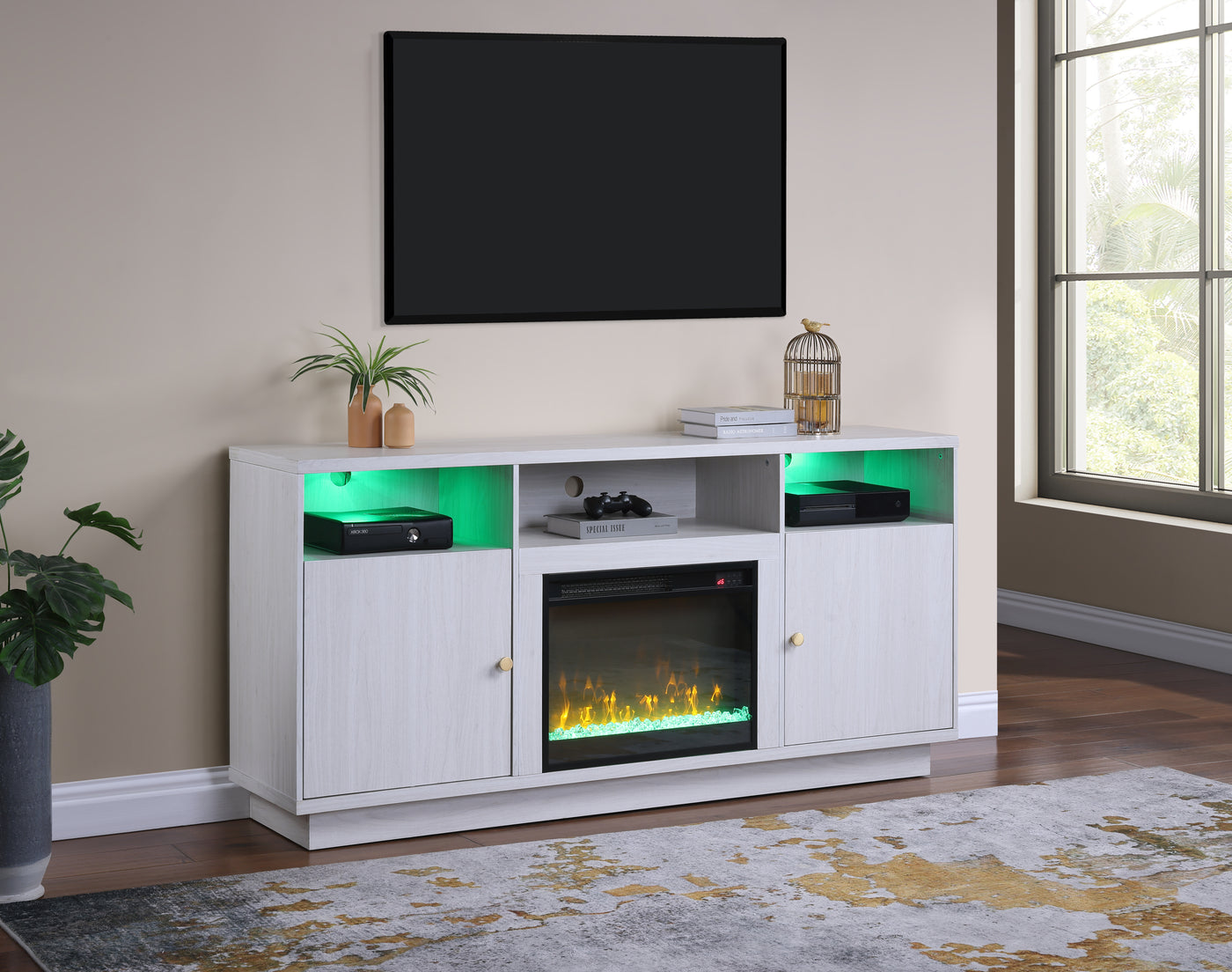 Ambrose 70'W White Walnut Finish Fireplace Console TV Stand with Heater, LED Light, Cabinets, Shelves