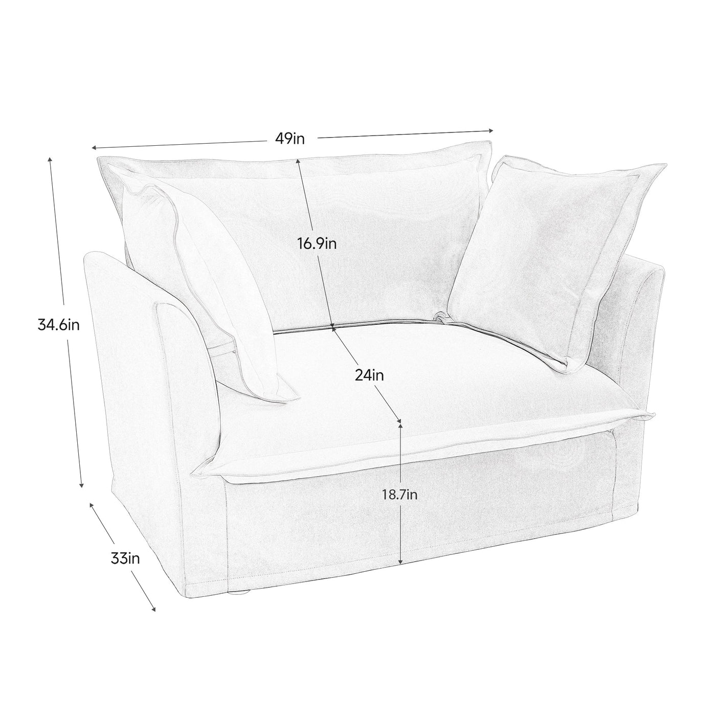 Slip-covered Armchair with 1 Big Back Cushion and 2 Big Toss Pillows, Single Deep Seat Comfy Single Couch Sofa Multiple Large Soft Pillows, Chenille Fabric, Orange