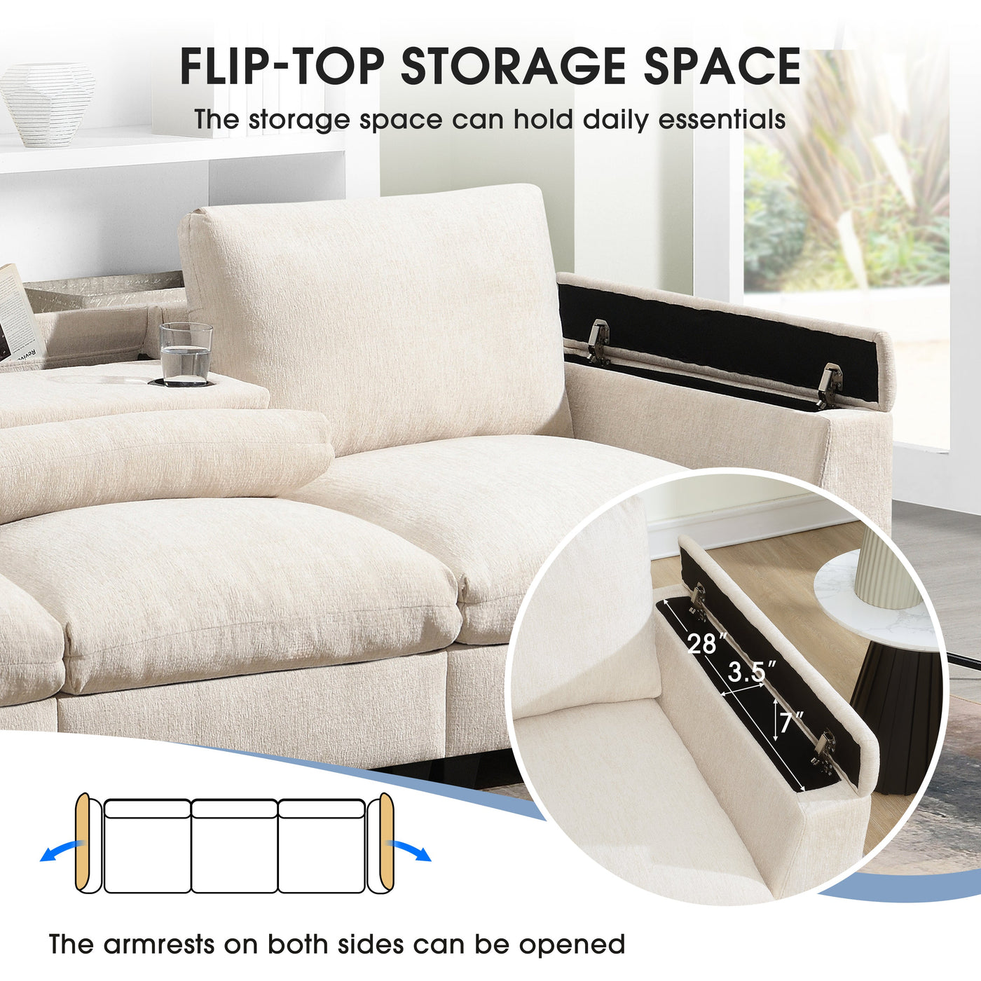 Chenille Sectional Sofa with Bluetooth Speaker, Comfy Cloud Couch Set with Drop Down Table, Cup Holders, USB Charger, Storage Armrest, Wide Seat, 96*35''