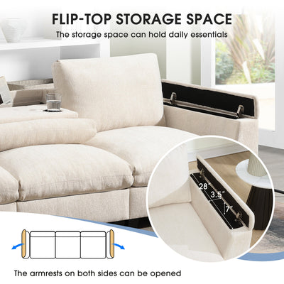 Chenille Sectional Sofa with Bluetooth Speaker, Comfy Cloud Couch Set with Drop Down Table, Cup Holders, USB Charger, Storage Armrest, Wide Seat, 96*35''