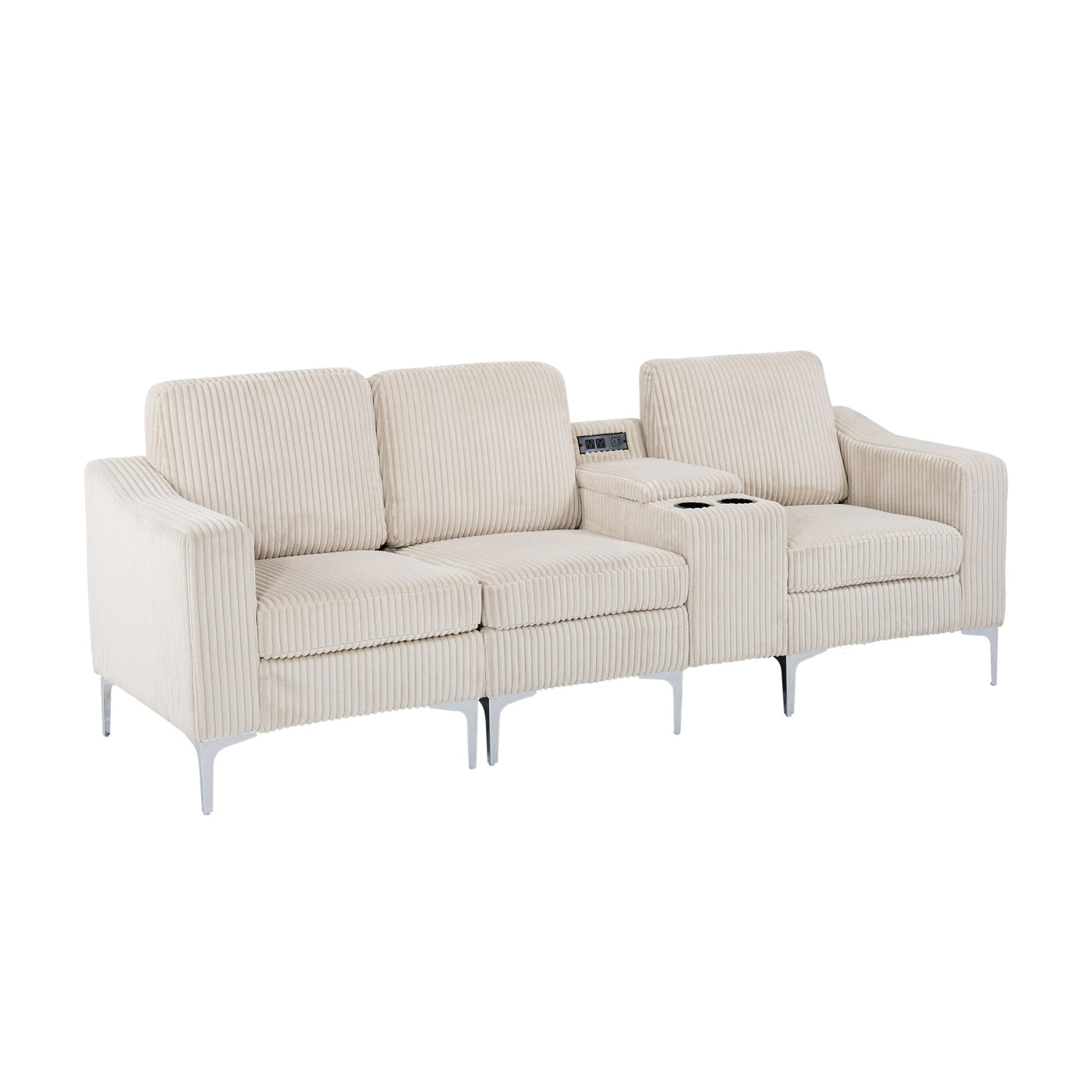Convertible Sectional Corduroy  Sofa with Cupholders, USB,Three-seater,Beige