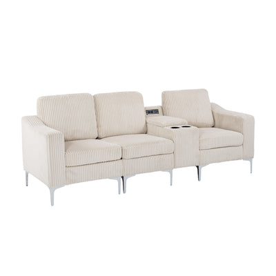 Convertible Sectional Corduroy  Sofa with Cupholders, USB,Three-seater,Beige