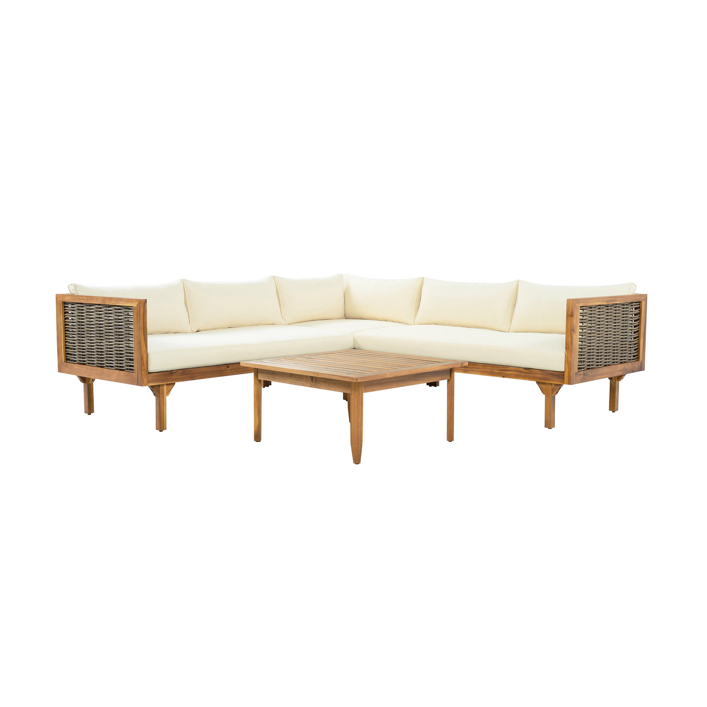 Premium Outdoor Sofa Set with Waterproof Cushions in Beige - Sectional Seating Group with Acacia Wood and Wicker