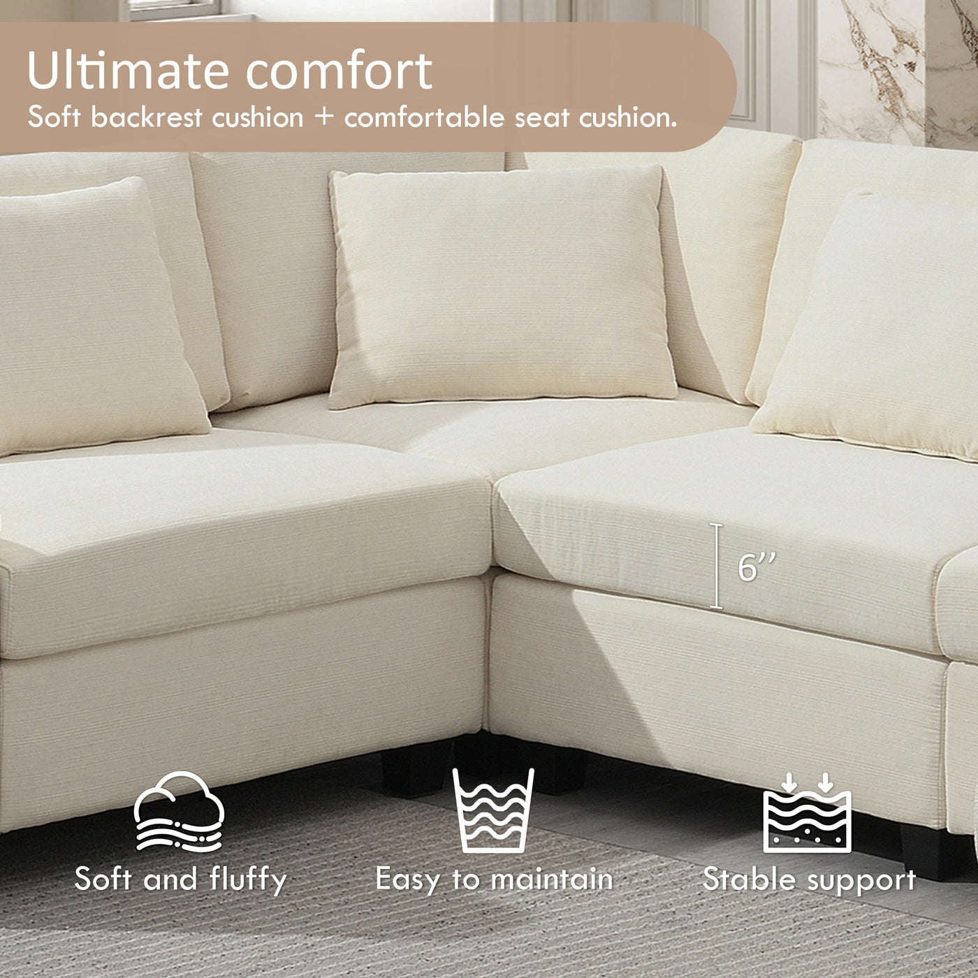 Chenille U Shaped Sectional Sofa with Ottoman, Storage, Cup Holders, and USB Ports, Off White, 128*67'