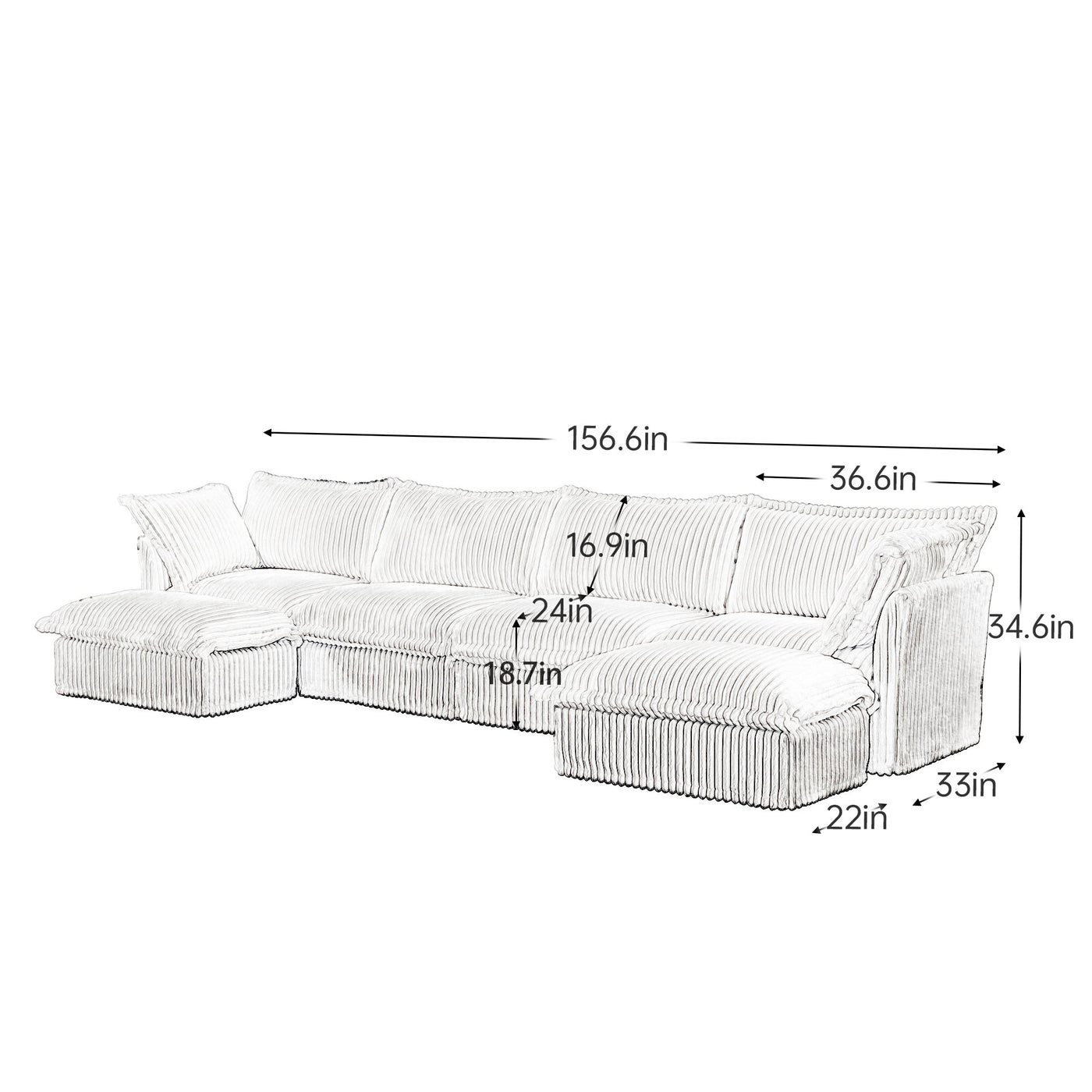 Slipcovered U Shape Sectional Wide and Deep Seat Sofa Couch, 4 Seater Sofa with French Edges Design Multiple Big Pillows, Soft Deep Seat Comfy Cloud Couch for Living Room, Apartment, Gray Corduroy