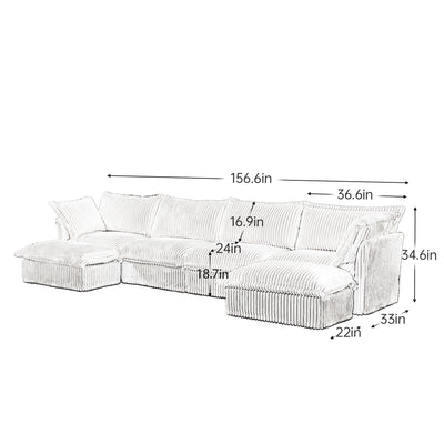 Slipcovered U Shape Sectional Wide and Deep Seat Sofa Couch, 4 Seater Sofa with French Edges Design Multiple Big Pillows, Soft Deep Seat Comfy Cloud Couch for Living Room, Apartment, Gray Corduroy