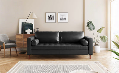 Mirod Mid-Century Modern PU Leather 3-Seat Sofa, Tufted Design, Solid Wood Legs, 2 Bolster Pillows, Comfortable Couch for Living Room & Home Office