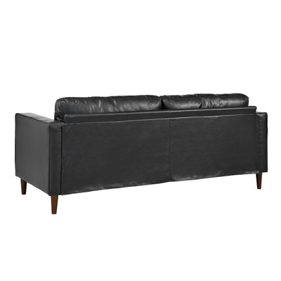 Mirod Mid-Century Modern PU Leather 3-Seat Sofa, Tufted Design, Solid Wood Legs, 2 Bolster Pillows, Comfortable Couch for Living Room & Home Office