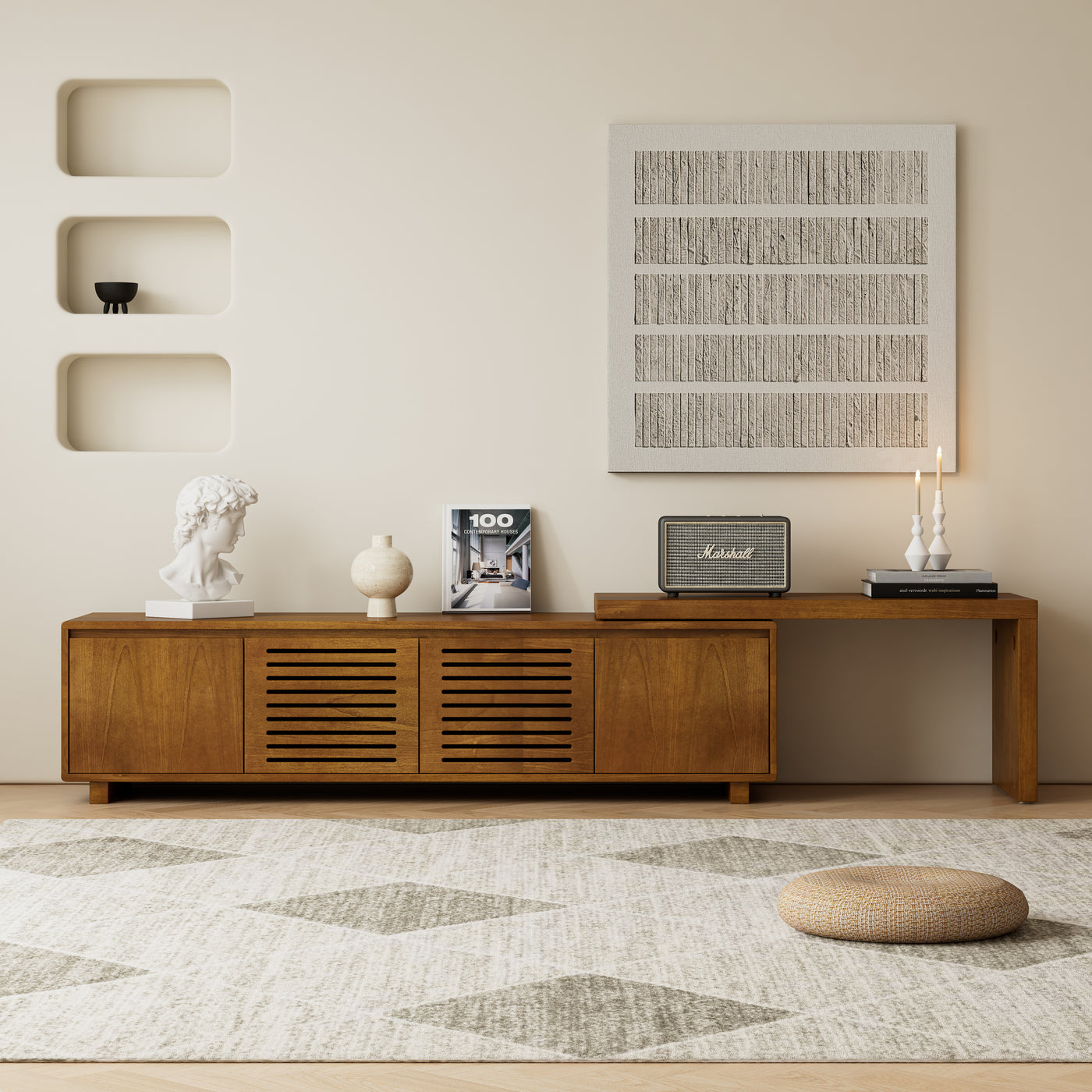 63' Mid-Century Modern Extendable TV Stand for TVs up to 75', Media Console TV Cabinet for Living Room, Farmhouse Entertainment Cabinet with Storage & Adjustable Panel