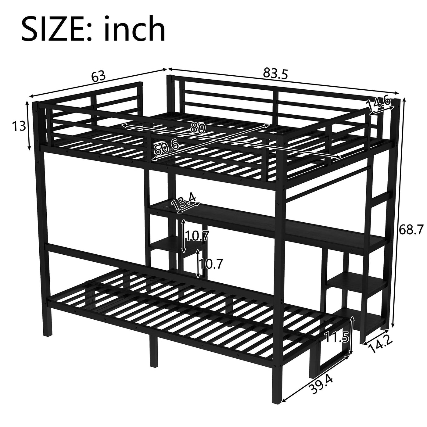 Queen Over Twin XL Metal Bunk Bed/Loft Bed with Desk and Shelves, Multiple Uses Folds into Sofa with LED and USB, Black