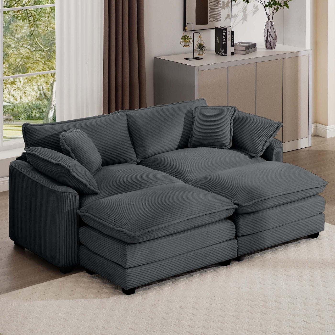 Contemporary Corduroy Two-Seater Sofa with Ottoman, Grey, Ideal for Small Spaces
