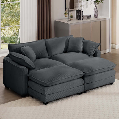 Contemporary Corduroy Two-Seater Sofa with Ottoman, Grey, Ideal for Small Spaces