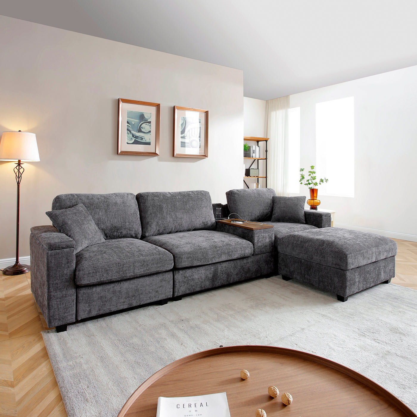 120.3'Sectional Sofa ,L-Shaped Oversized Couch ,Comfy Cloud Couch Set with Drop Down Table,360-degree Swivel tray ,Cup Holders,USB Charger,Storage Ottoman and  Armrest,Wide Seat Sofa for Living room