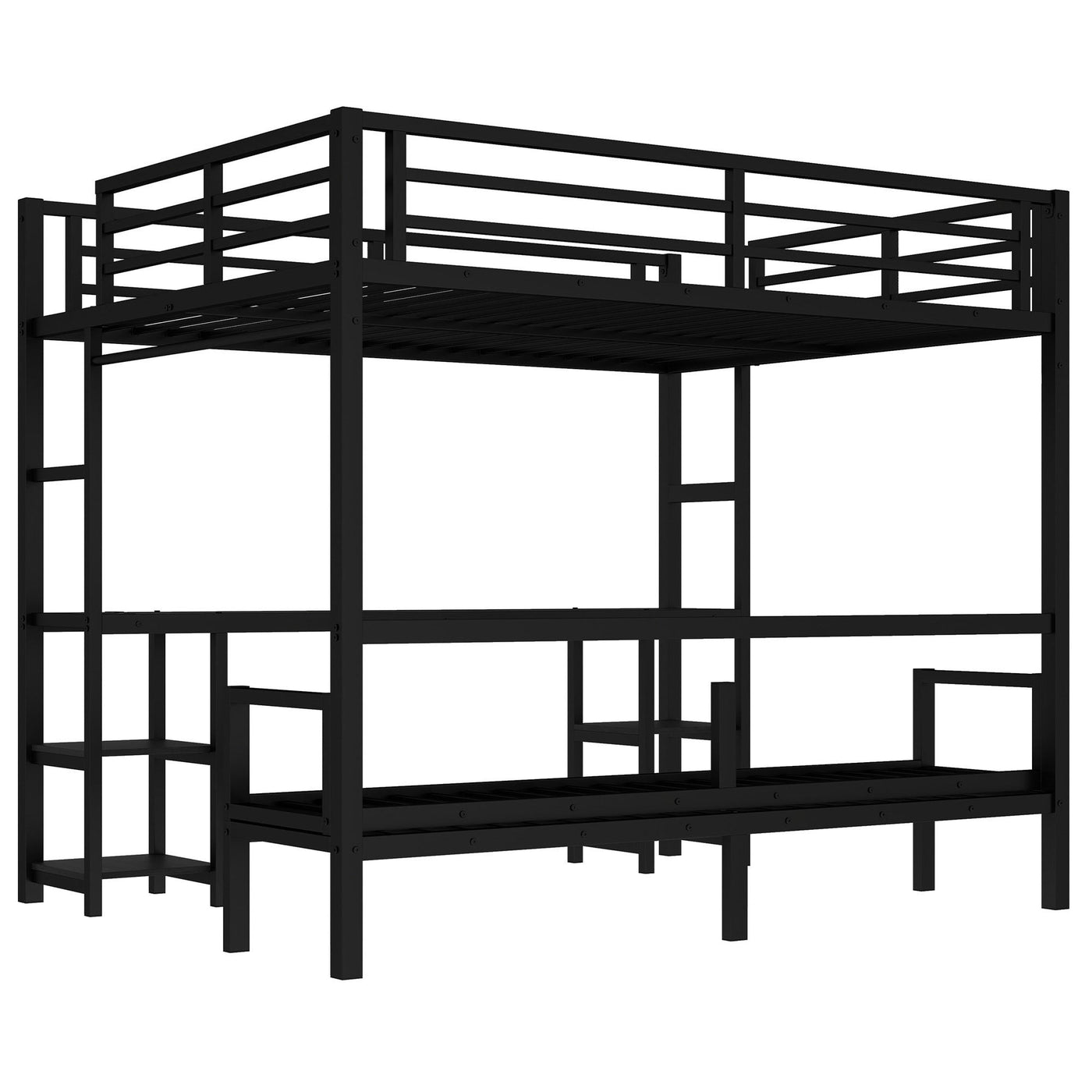 Queen Over Twin XL Metal Bunk Bed/Loft Bed with Desk and Shelves, Multiple Uses Folds into Sofa with LED and USB, Black