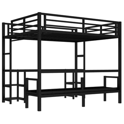 Queen Over Twin XL Metal Bunk Bed/Loft Bed with Desk and Shelves, Multiple Uses Folds into Sofa with LED and USB, Black