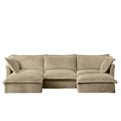 Slipcovered U Shape Sectional Deep Seat Sofa Couch, 3 Seater Sofa with French Edges Design Multiple Big Pillows, Modular Deep Seat Sectional Sofa Comfy Cloud Couch for Living Room, Apartment, Camel