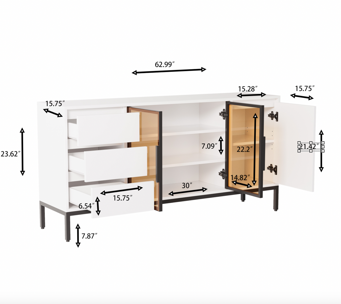 Buffet cabinet with storage, kitchen side panel storage room with doors and 3 drawers, pantry cabinet display rack, console, dining table manager furniture, living room dining room white