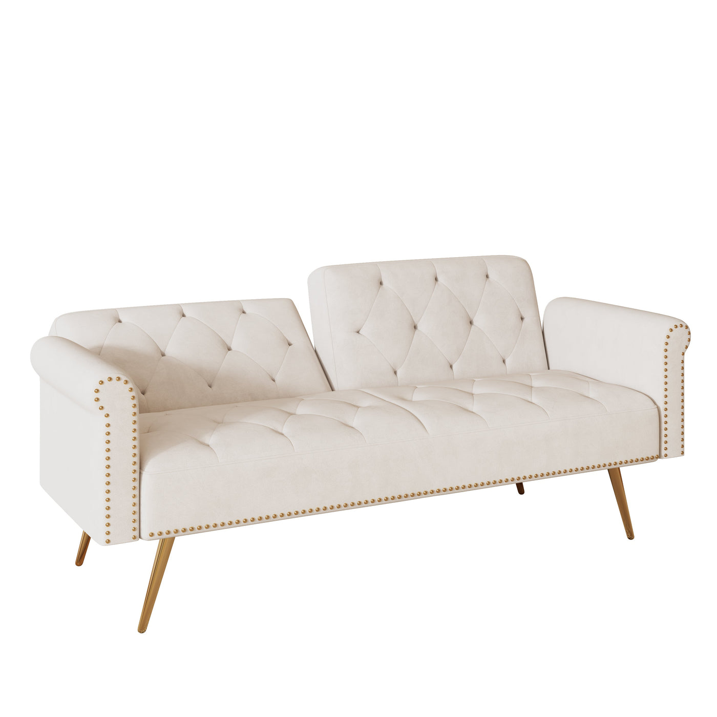 Luxurious Velvet Sofa Bed with Nail Head Trim and Matching Pillow in Beige, 69.7-Inch