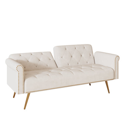 Luxurious Velvet Sofa Bed with Nail Head Trim and Matching Pillow in Beige, 69.7-Inch