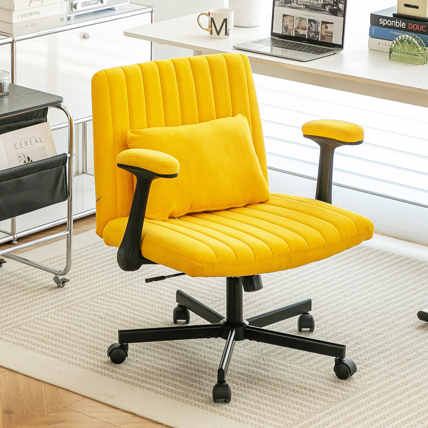 Yellow Linen Criss Cross Armrest Office Chair with Wheels - Ergonomic for Home Office, Work & Study