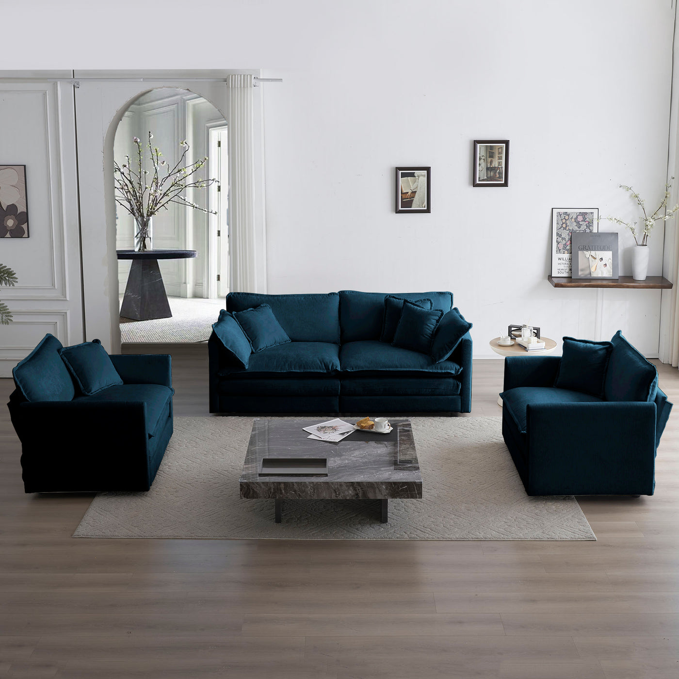 3 Piece Sofa Set with Arm Pillows and Toss Pillows , Sofa Set Include 2- Piece of Arm Chair and One 2-seat Sofa, Space Saving Casual Sofa Set for Living Room, Blue Chenille