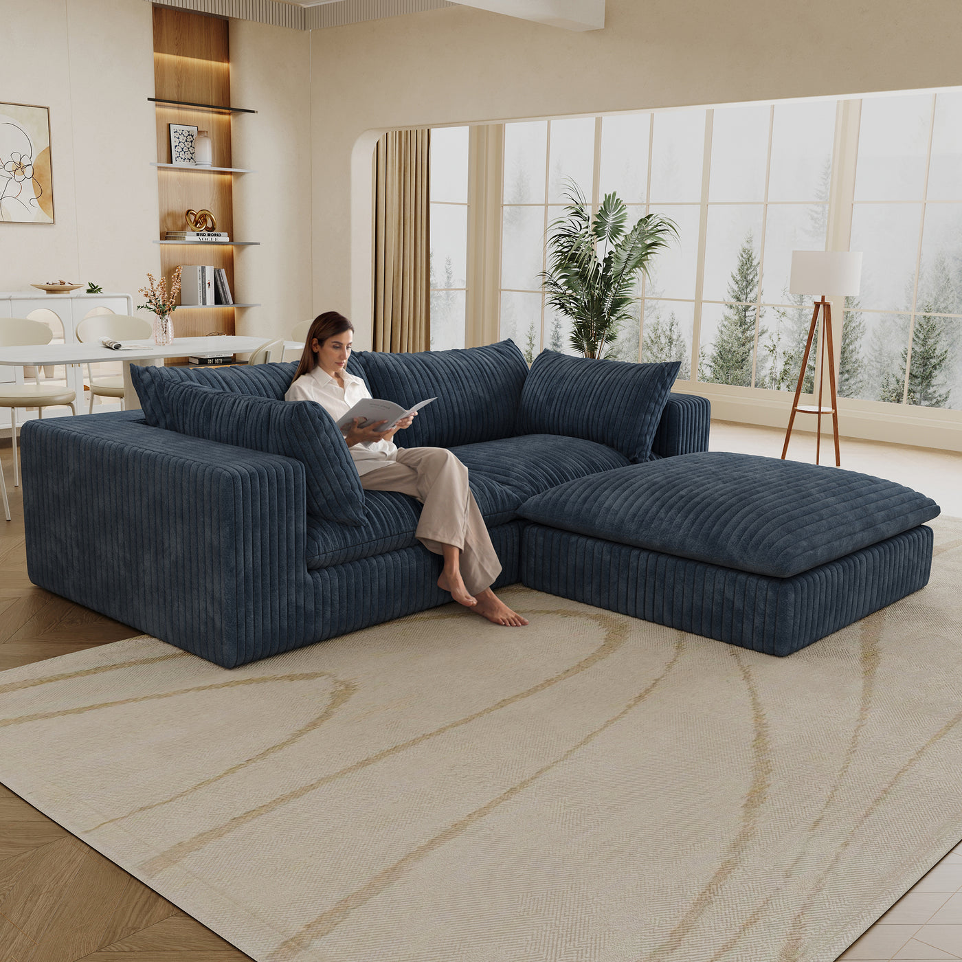 39.8' Cloud Sofa,Corduroy Fabric,Deep Seat Couches,Double-layer design,Removable  Cushion,No Assembly, DIY Combination for Living room, Bedroom,Conference room ,Apartment,Blue