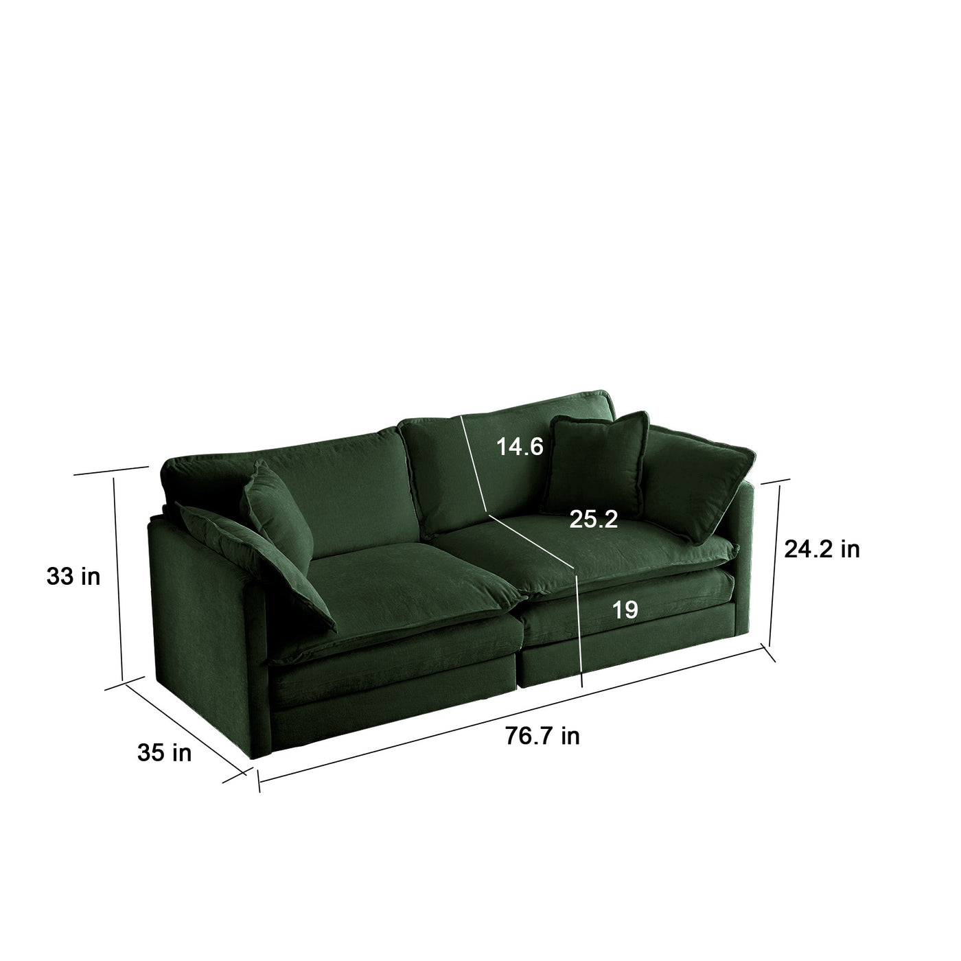 Chenille Two-Seater Sofa with 1 Footrest, 2 Seater L-Shaped Sectional with Ottoman,Loveseat with Ottoman for Small Living Space, Green Chenille