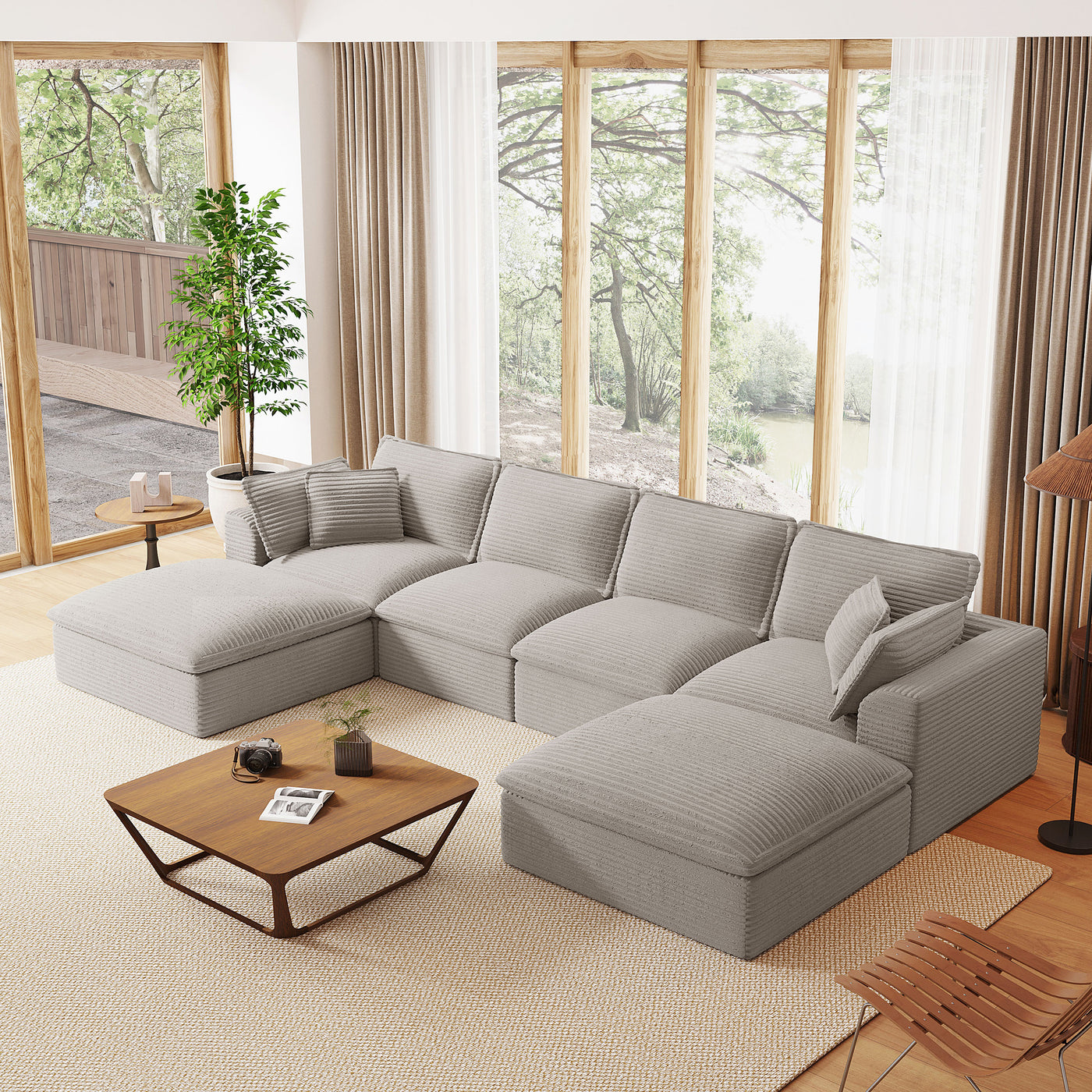 142*82' Fully Compressed Modular Sectional Sofa, U Shape with Ottomans, Luxury Corduroy with Extra Width&Depth Cloud Like Soft Cushion, No Assembly Required, for Living Room&Apartment,2 Colors