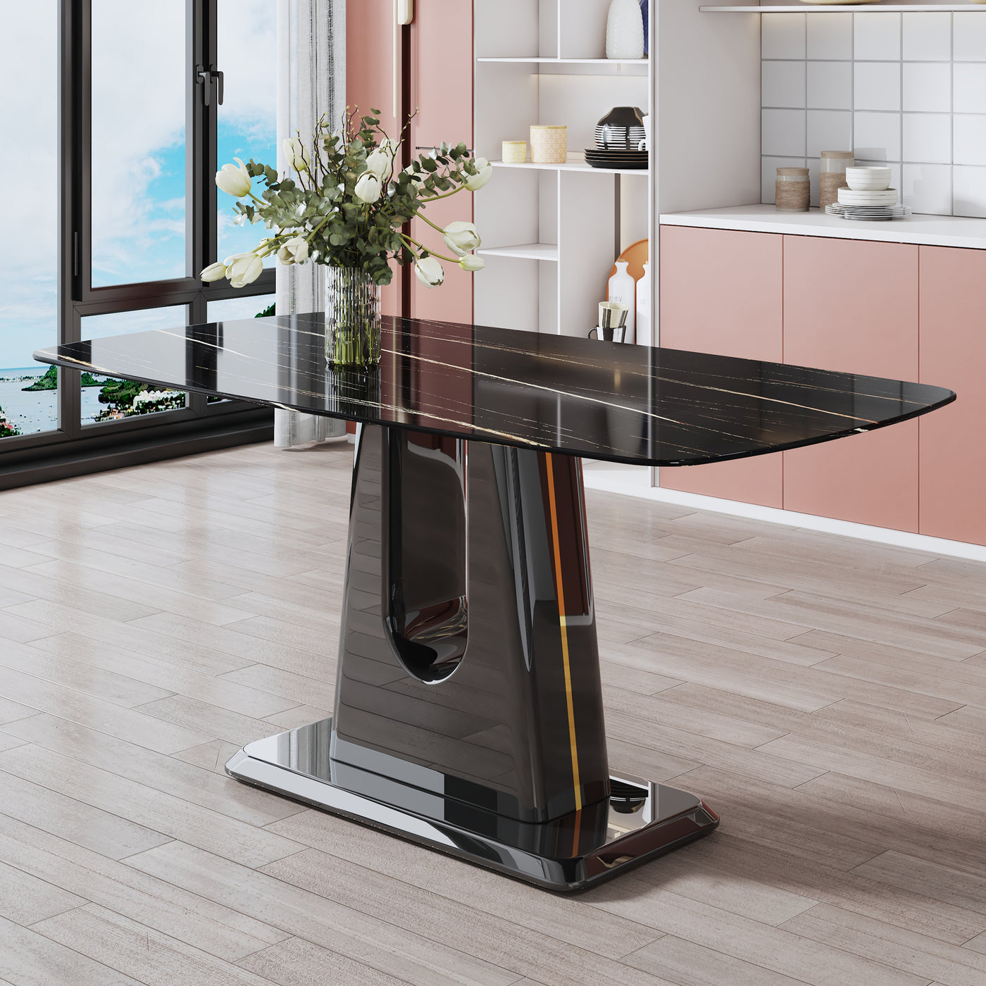 A modern, minimalist, and luxurious table. A black imitation marble tabletop with MDF U-shaped legs. Dining table, computer table. For restaurants and living rooms 63' * 35.4'* 30' F-U
