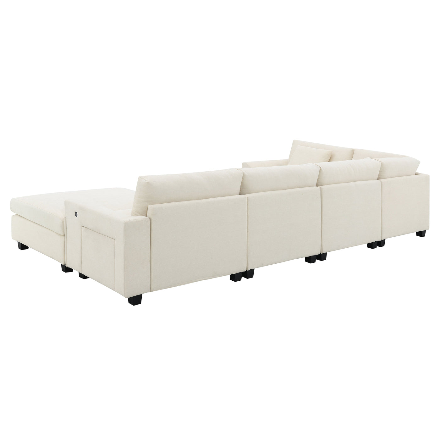 Chenille U Shaped Sectional Sofa with Ottoman, Storage, Cup Holders, and USB Ports, Off White, 128*67'