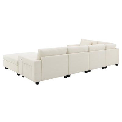 Chenille U Shaped Sectional Sofa with Ottoman, Storage, Cup Holders, and USB Ports, Off White, 128*67'