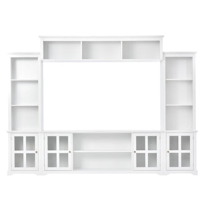 [VIDEO provided] ON-TREND Minimalism Entertainment Wall Unit with Bridge, Modern TV Console Table for TVs Up to 70', Multifunctional TV Stand with Tempered Glass Door, White (Old SKU: SD000009AAK)