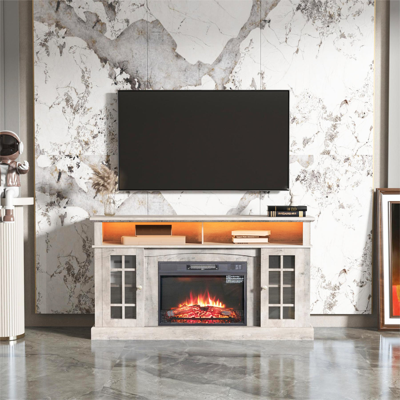 TVstand,media console,storage cabinet,entertainment center,with electronicfireplace,Install theLEDBluetooth band,using the latest infrared heating technology,electronic flame beautiful,safe color:Gray