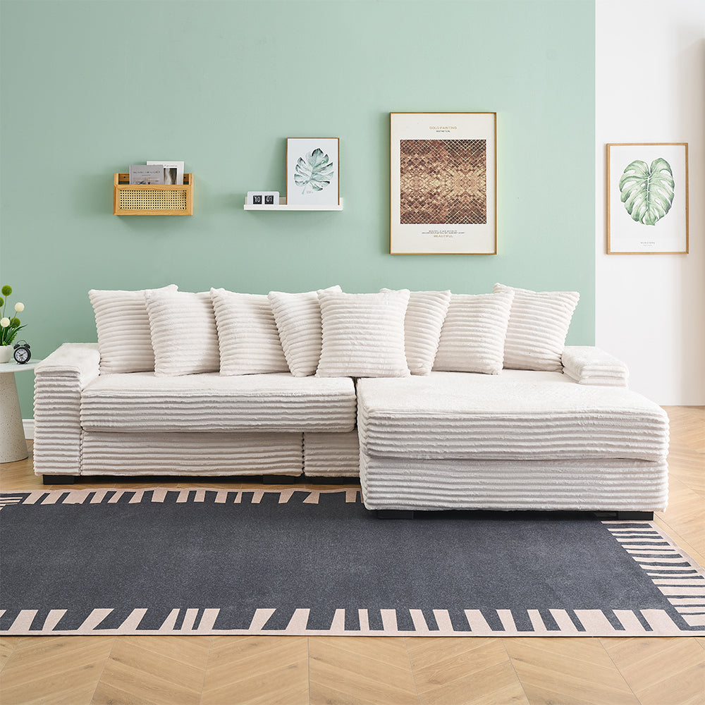 111.4 'Beige flannelette sofa, elegant shelter choice - living room, bedroom, office ideal companion, with eight exquisite throw pillows, more warm and cozy. Matching foot design.