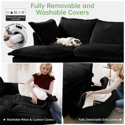 Slipcovered Long Sofa, 4 Seater Sofa with Removable Cover, Extra Deep Couch for Living Room, Corduroy Fabric Cloud Like Comfy Sofa Couch, Black Corduroy Fabric