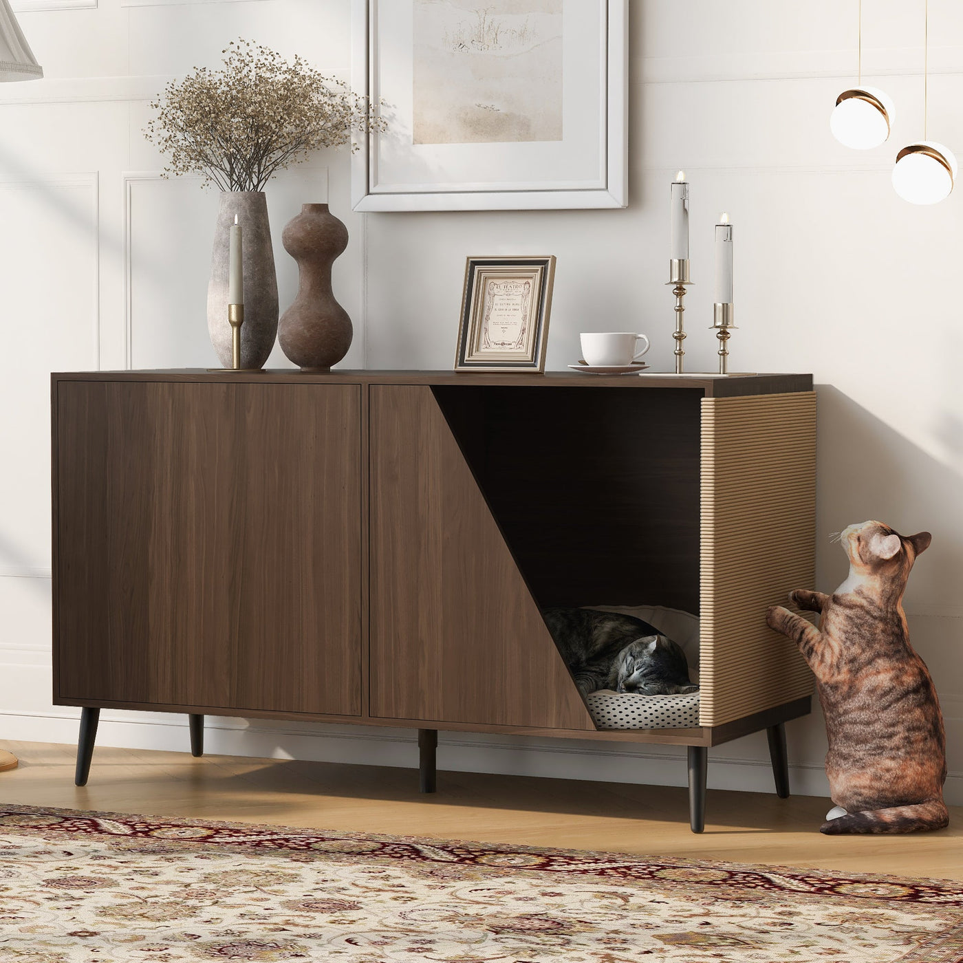 Furniture Style 2 in 1 Mid-century Modern Walnut Cabinet Side Table Design With Spring-loaded door Storage