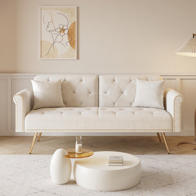 Luxurious Velvet Sofa Bed with Nail Head Trim and Matching Pillow in Beige, 69.7-Inch