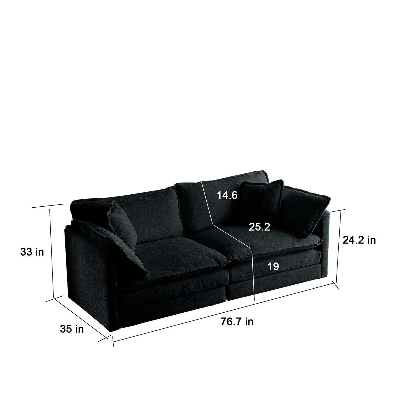 Chenille Two-Seater Sofa with 1 Footrest, 2 Seater L-Shaped Sectional with Ottoman,Loveseat with Ottoman for Small Living Space, Black Chenille