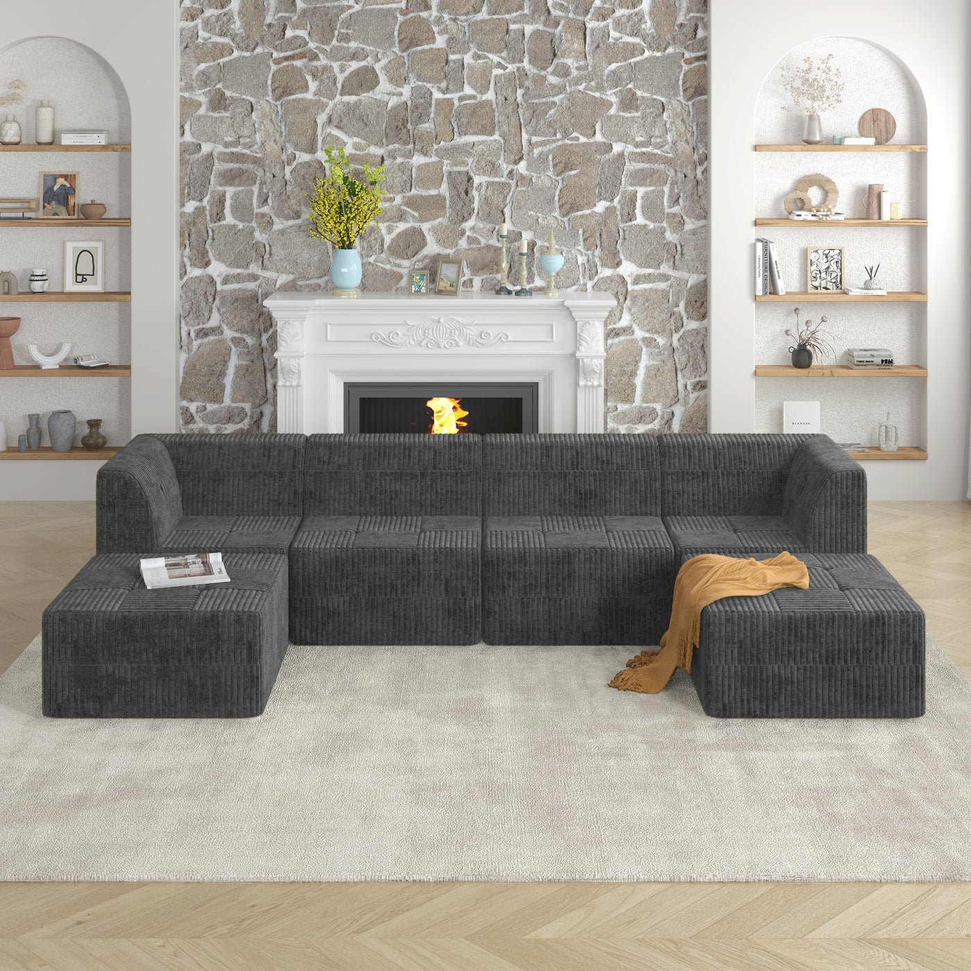 U shape Modular Sectional Sofa, Compressed Sectional Sofa Modern Minimalist Style Corduroy Couch, Sleeper Sofa for Living Room, Bedroom, Comfy Compressed Sofa Couch Space-Efficient Design-GREY