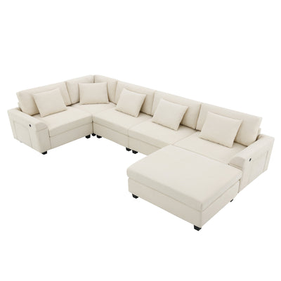 Chenille U Shaped Sectional Sofa with Ottoman, Storage, Cup Holders, and USB Ports, Off White, 128*67'