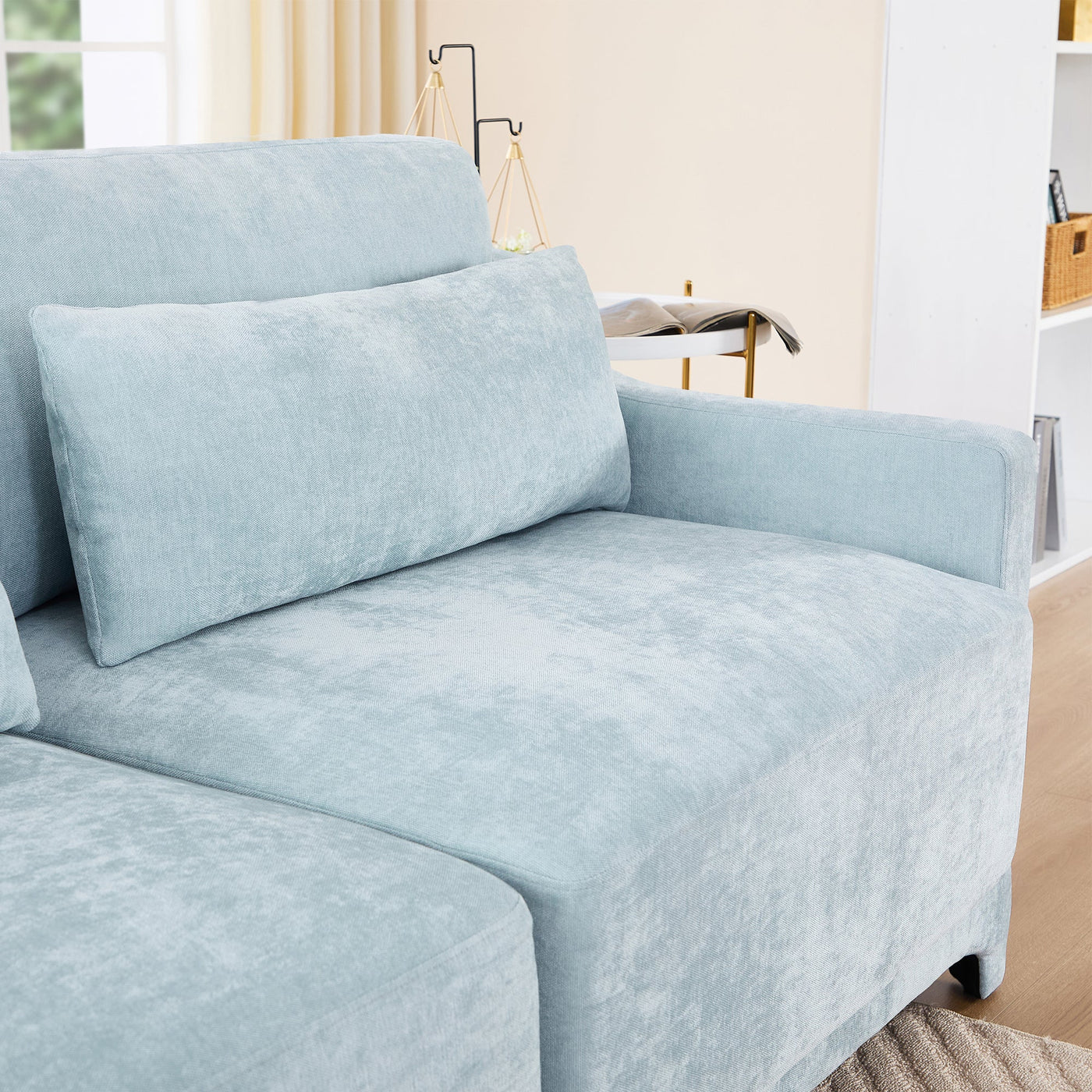 Stylish Four-Seater Sofa with Movable Ottoman in Sky Blue Chenille Fabric with Ergonomic Design