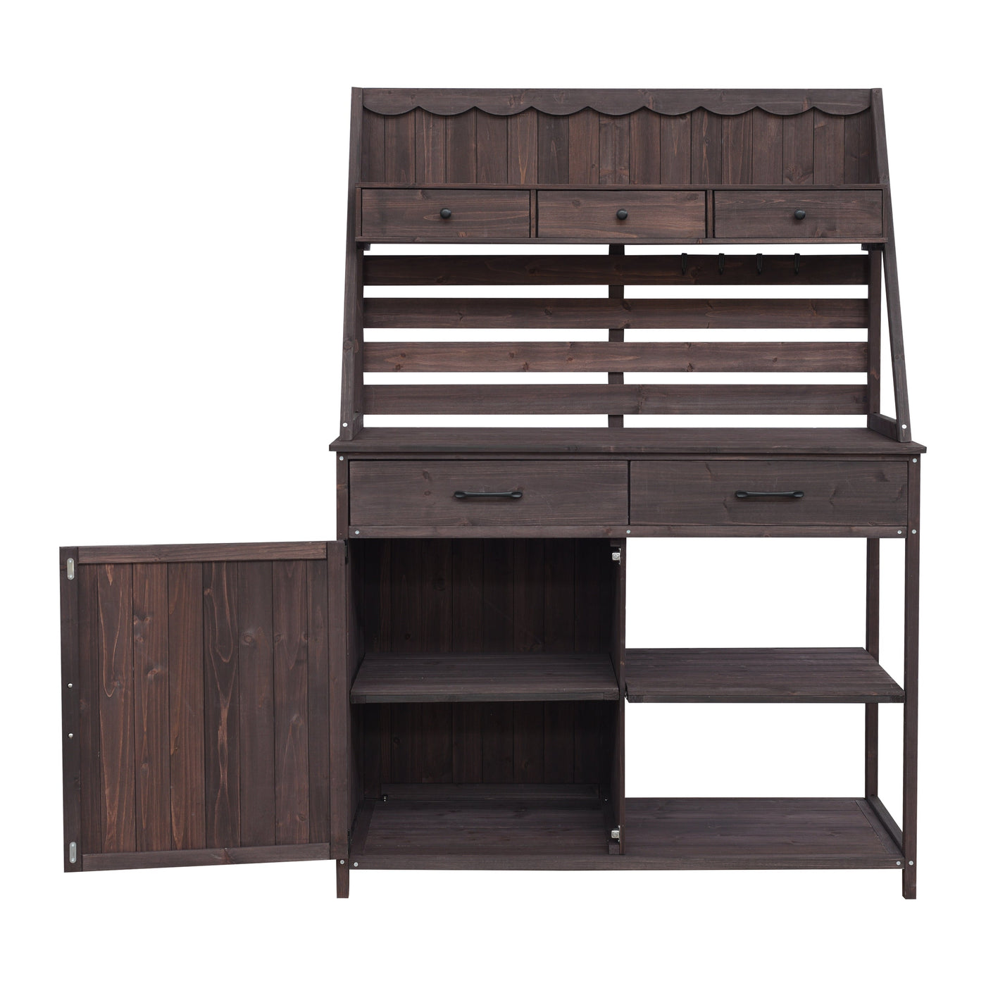 Brown Fir Wood Potting Bench - 5-Drawer Garden Workstation with Slatted Back Panel & Storage Cabinet