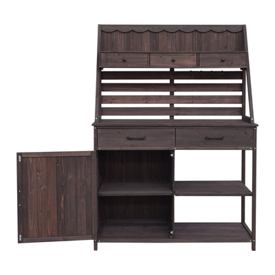 Brown Fir Wood Potting Bench - 5-Drawer Garden Workstation with Slatted Back Panel & Storage Cabinet