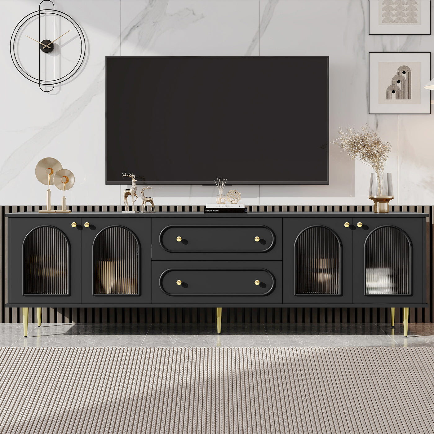 U-Can 78.7'' Modern TV Stand, TV Cabinet with Five Metal Legs and Metal Handles, 2 Drawers and 2 Cabinets with Fluted Glass Doors For Living room, Up to 80'' (Old SKU: SJ000122AAB)