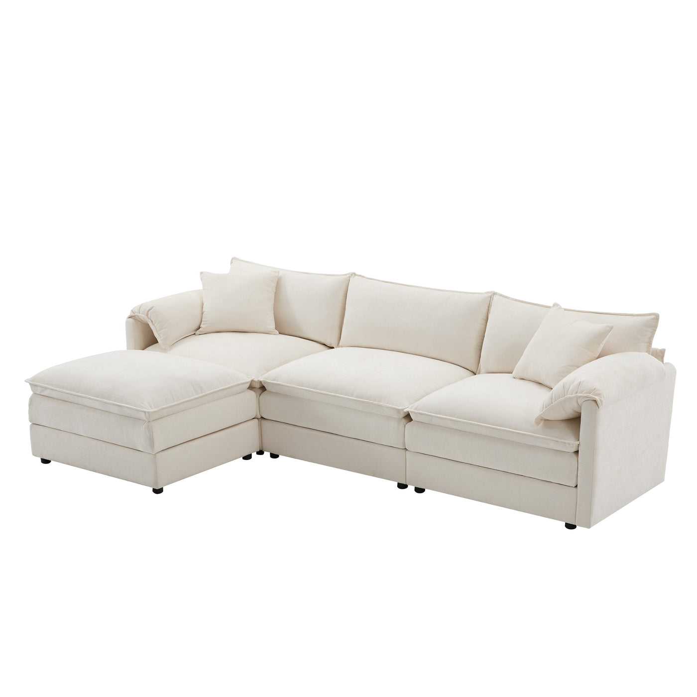 Chenille Modular Sectional Sofa with Deep Seat and Movable Ottoman in Cream