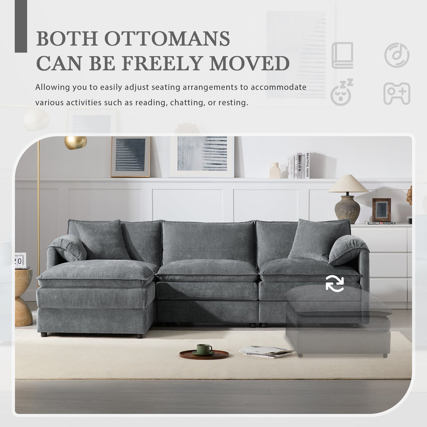 Chenille Modular Sectional Sofa with Deep and Wide Seat in Dark Gray, L Shaped Cloud Couch Set with Double Cushions, 4 Seat Sofa with Movable Ottoman