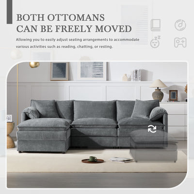 Chenille Modular Sectional Sofa with Deep and Wide Seat in Dark Gray, L Shaped Cloud Couch Set with Double Cushions, 4 Seat Sofa with Movable Ottoman