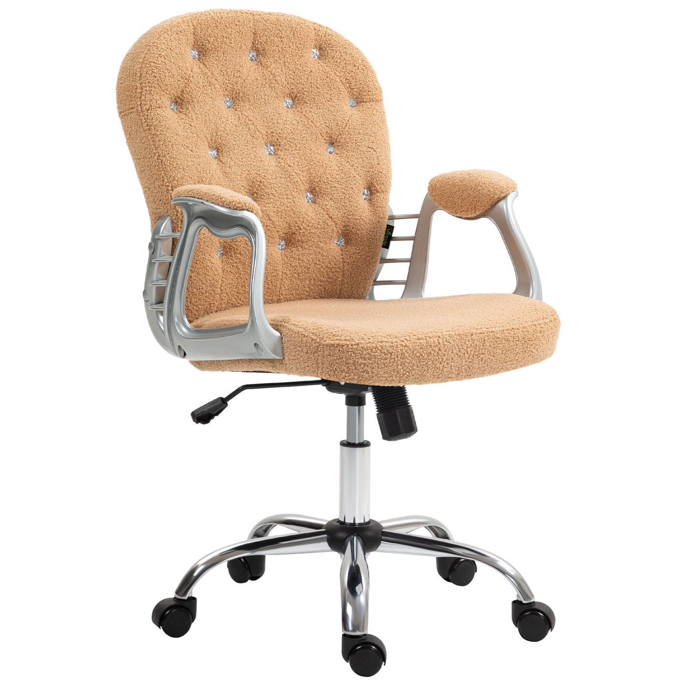Vinsetto Teddy Fleece Home Office Chair, Button Tufted Desk Chair with Padded Armrests, Adjustable Height and Swivel Wheels, Khaki
