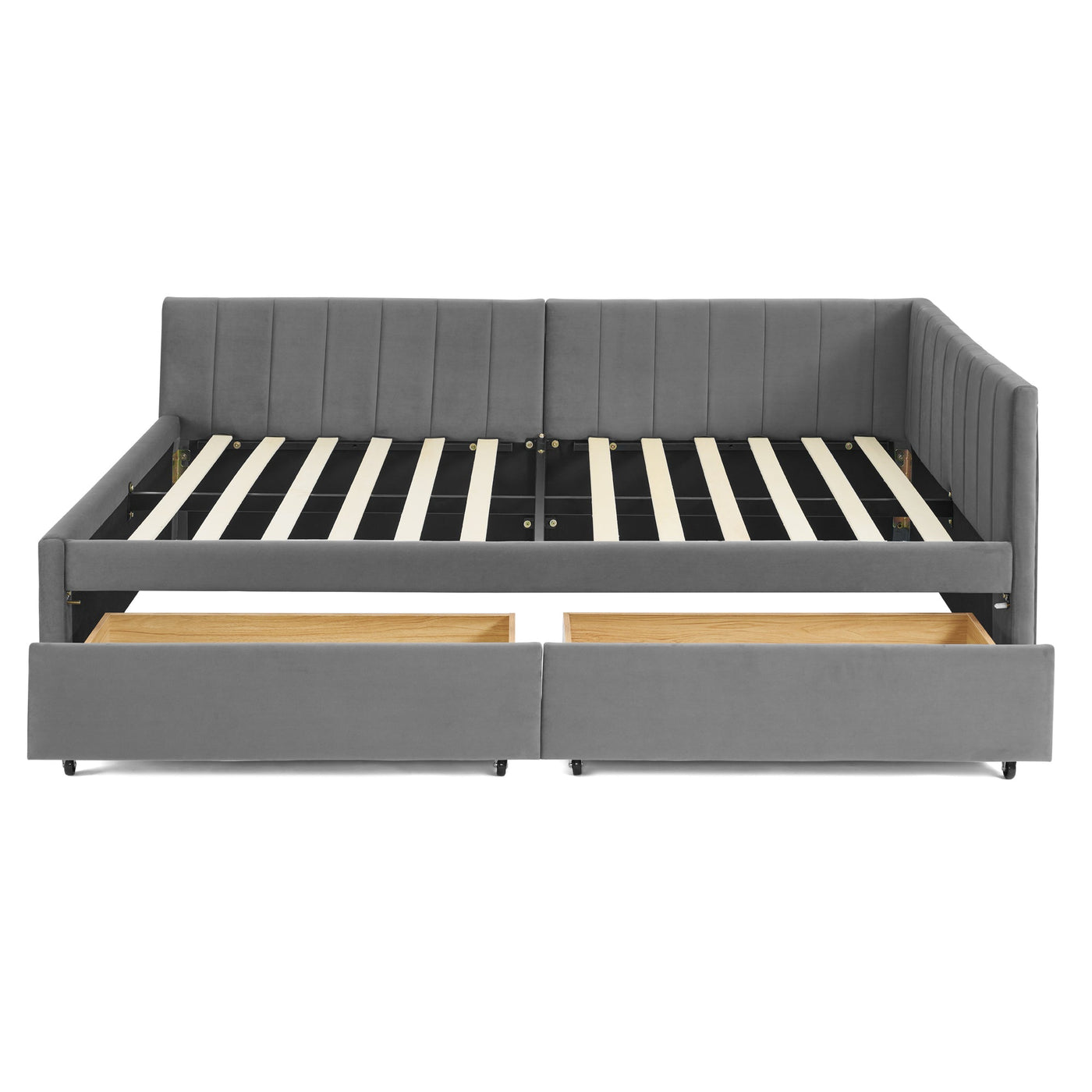Full Size Upholstered Tufted Bed Frame with Two Drawers, Sofa Bed Frame with Comfortable Backrest and Armrests, Velvet, Grey(79.5''x58''x25'')